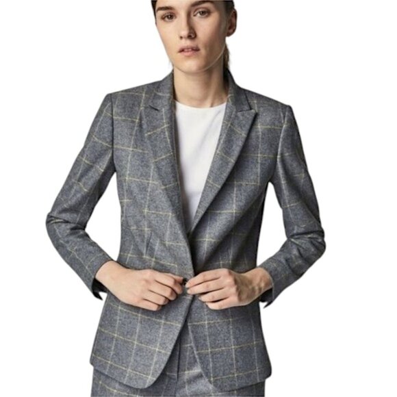 Massimo Dutti Slim Fit Checked Wool Suit Blazer Check Grey Yellow Women's 10 - Picture 3 of 16